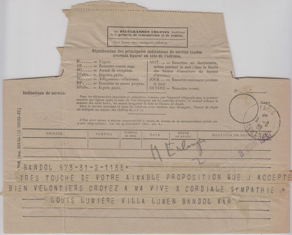 Télégramme de Louis Lumière acceptant la Présidence d’honneur du Festival, le 2 juin 1939